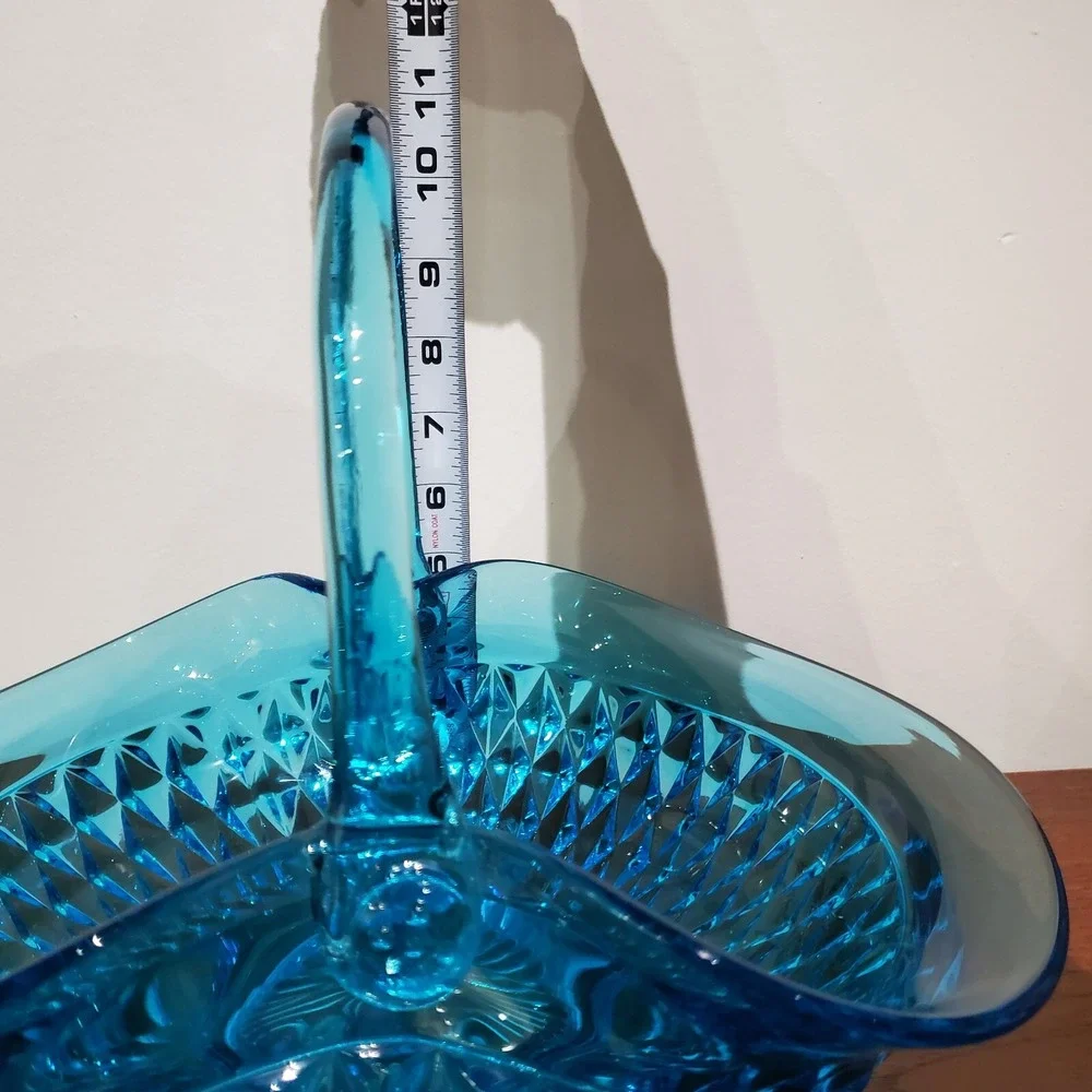 Vintage Tiara Exclusives Horizon Blue Diamond Point Glass Basket Centerpiece 70s